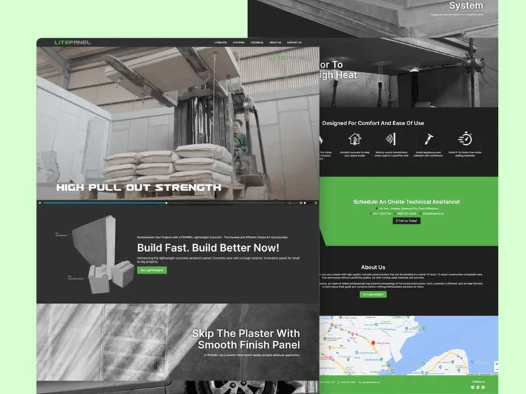 LitePanel website on a pale green backdrop, with a dark 'High Pull Out Strength' hero over a warehouse photo, a lightweight-concrete-panel product section, a smooth-finish panel band, and a scrolled feature icons, technical-assistance call-out and map view behind it.