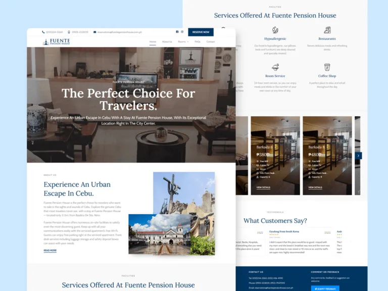 Fuente Pension House website on a pale blue backdrop, with a 'The Perfect Choice For Travelers.' hero over a lobby photo, an about section with Cebu landmark photos, and a scrolled facilities icons, room-rate cards and customer-reviews view behind it.
