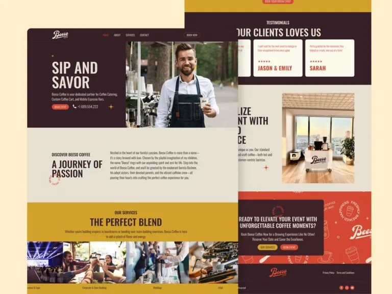 Beeso Coffee website on a cream backdrop, with a dark 'Sip and Savor' hero beside a barista photo, a brand-story section, a services band, and a scrolled view of client testimonials, a coffee cart photo and a booking call-out behind it.